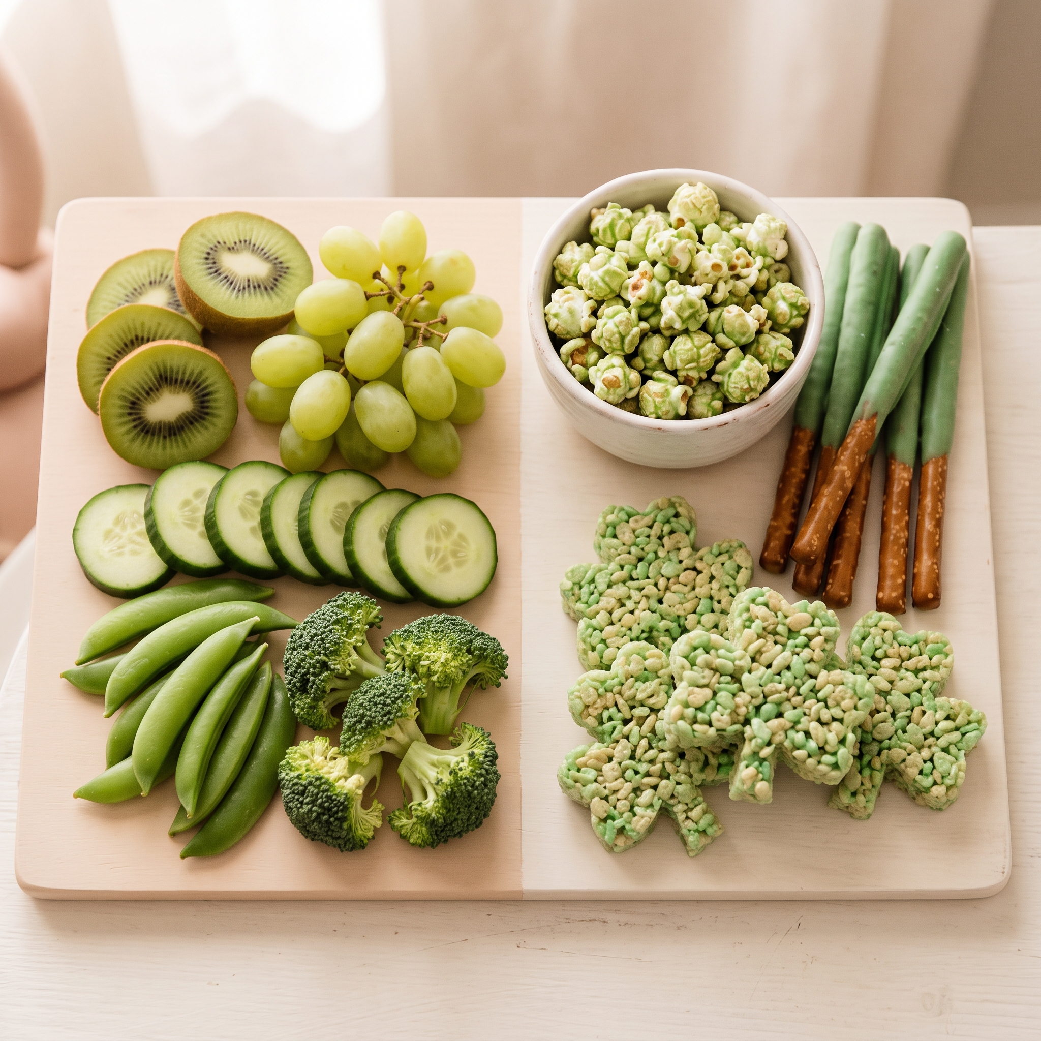 Side-by-side comparison of naturally green produce and fun-dyed treats on a wooden board