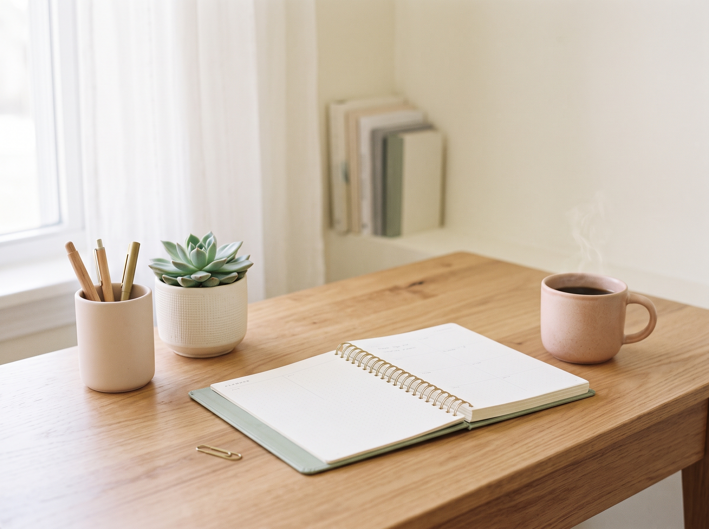 Neat desk workspace with open planner, pen holder, small plant, and morning coffee in soft light
