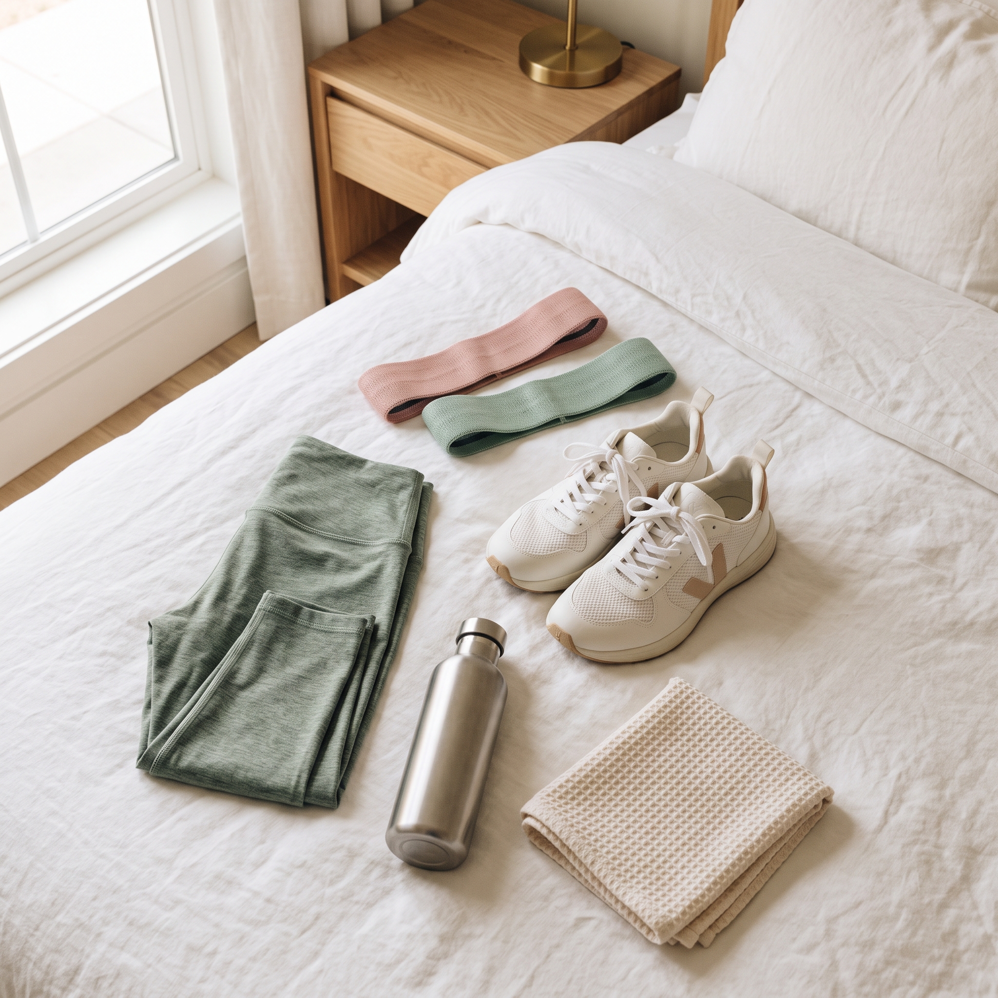 Resistance bands, running shoes, water bottle, and workout clothes arranged neatly on a white hotel bed