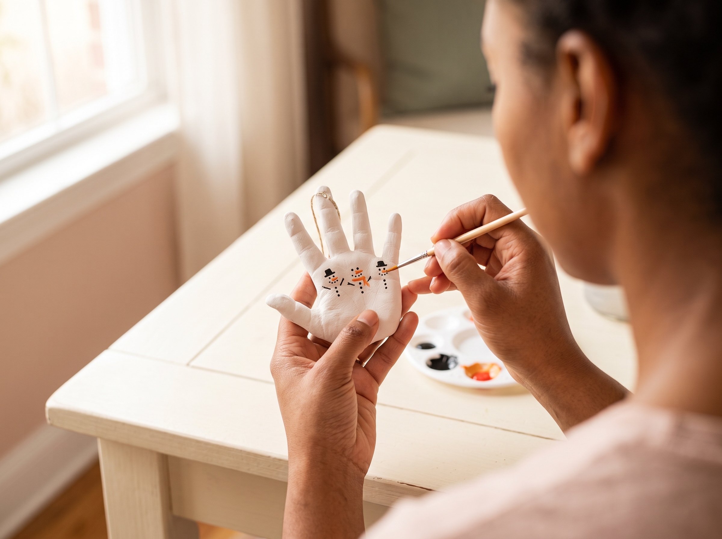Hands painting tiny snowman faces and scarves onto a dried handprint ornament with fine paintbrush
