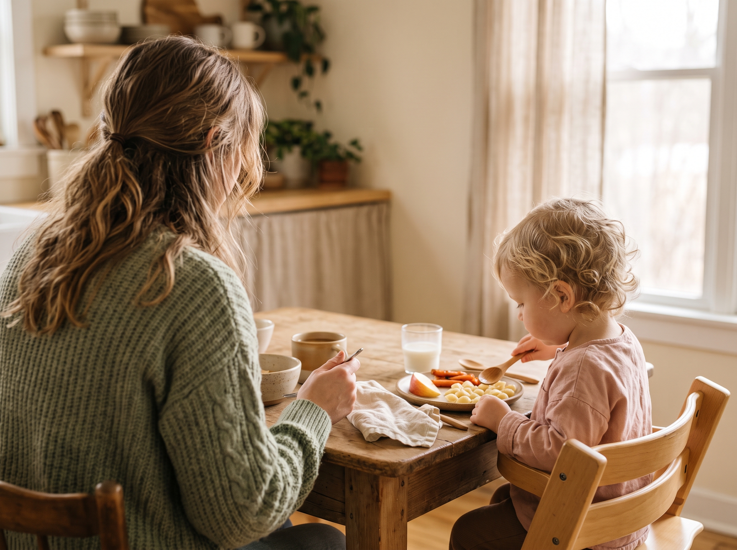 Parent and child sitting at a wooden table during mealtime, soft natural light, child eating from a plate