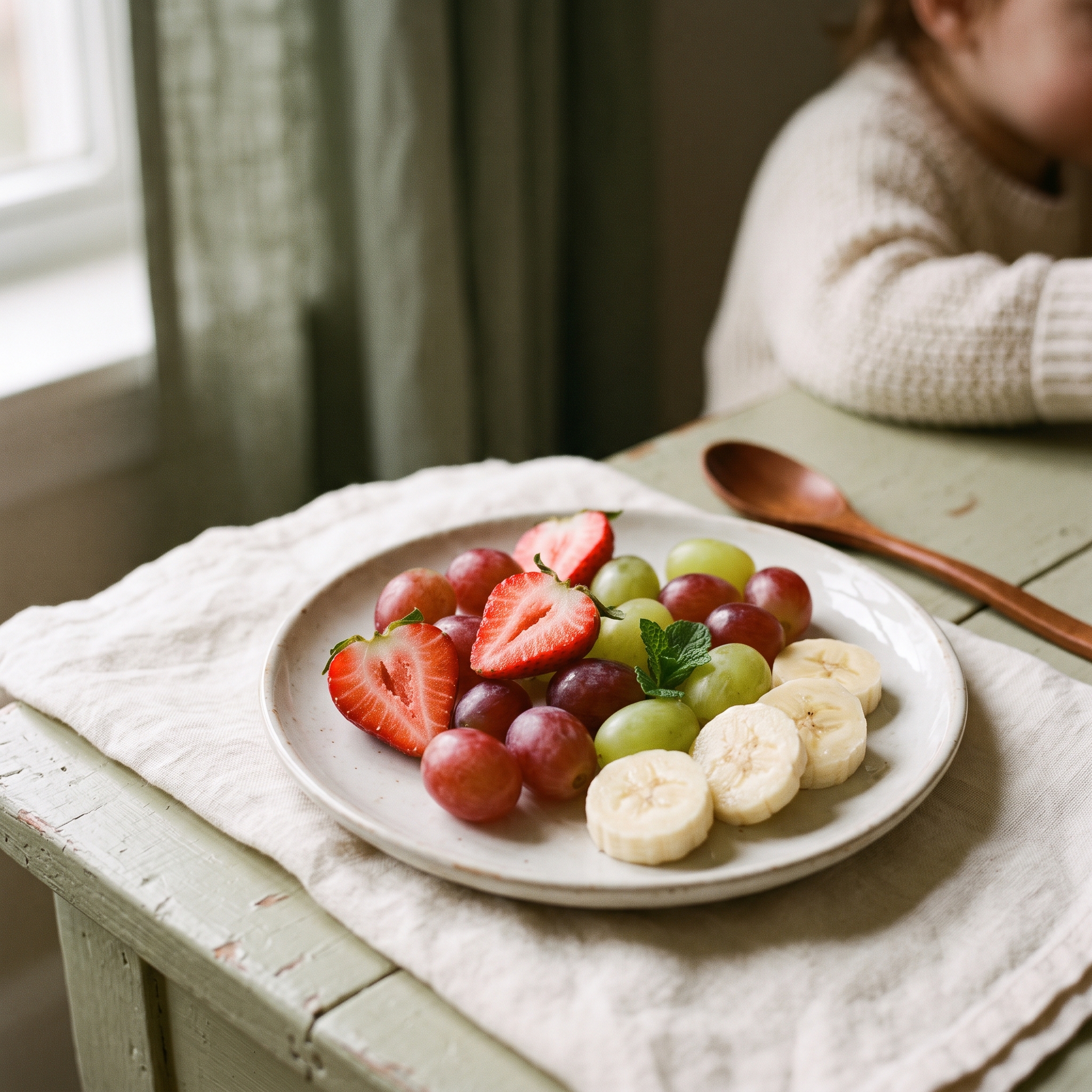 Halved strawberries, seedless grapes, and banana slices arranged on a white plate