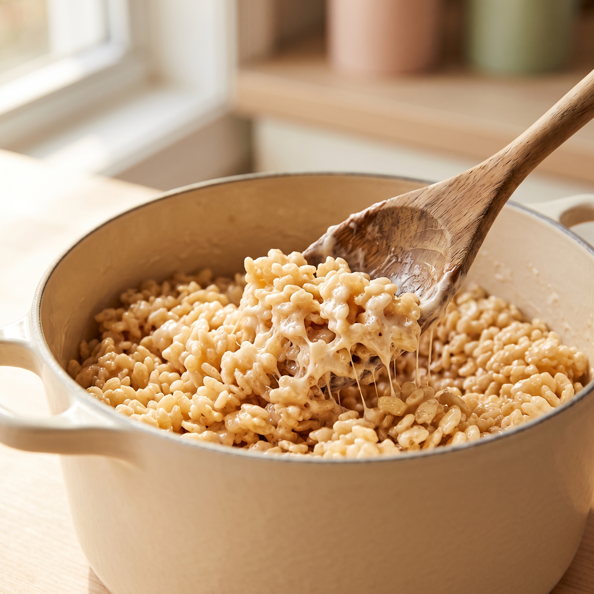 Close-up of golden rice krispie mixture being stirred in a pot with melted marshmallows and butter