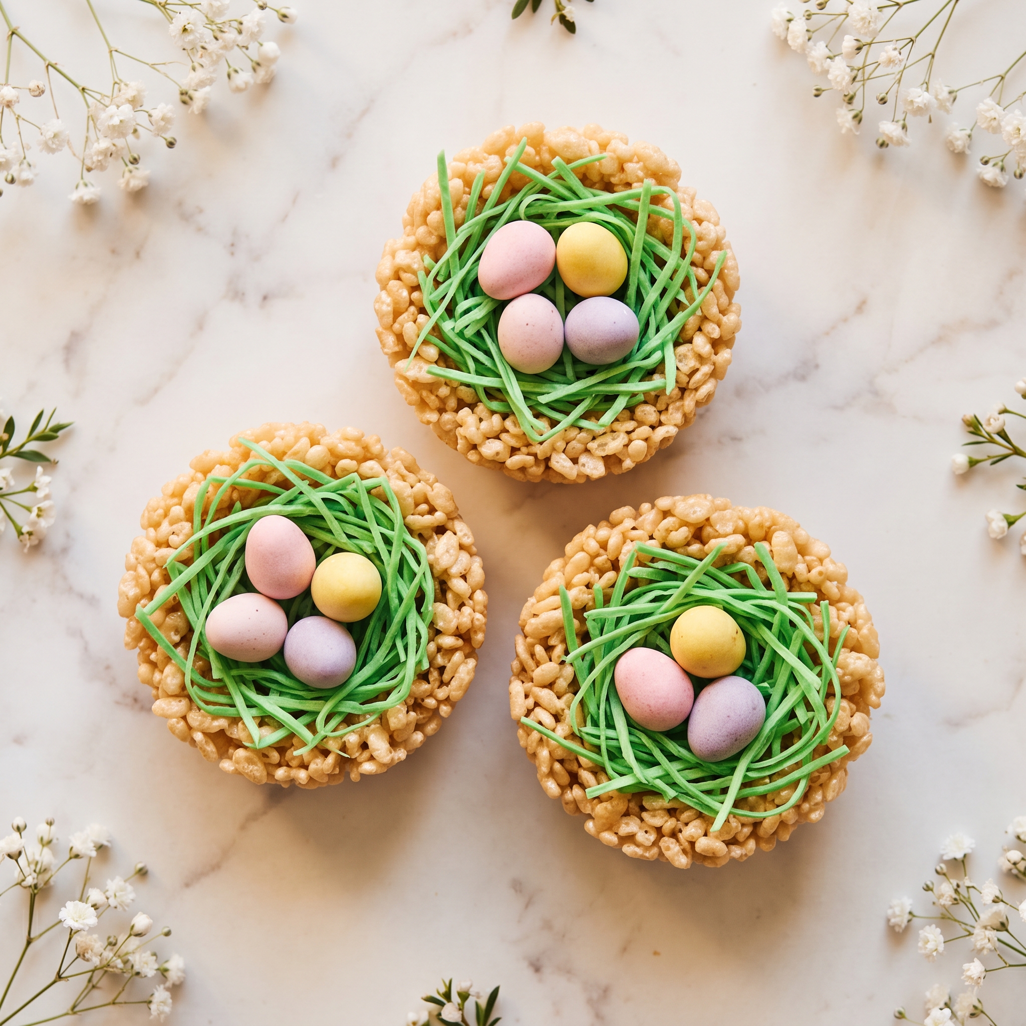 Close overhead view of three rice krispie bird nests filled with green grass and pastel candy eggs on white marble