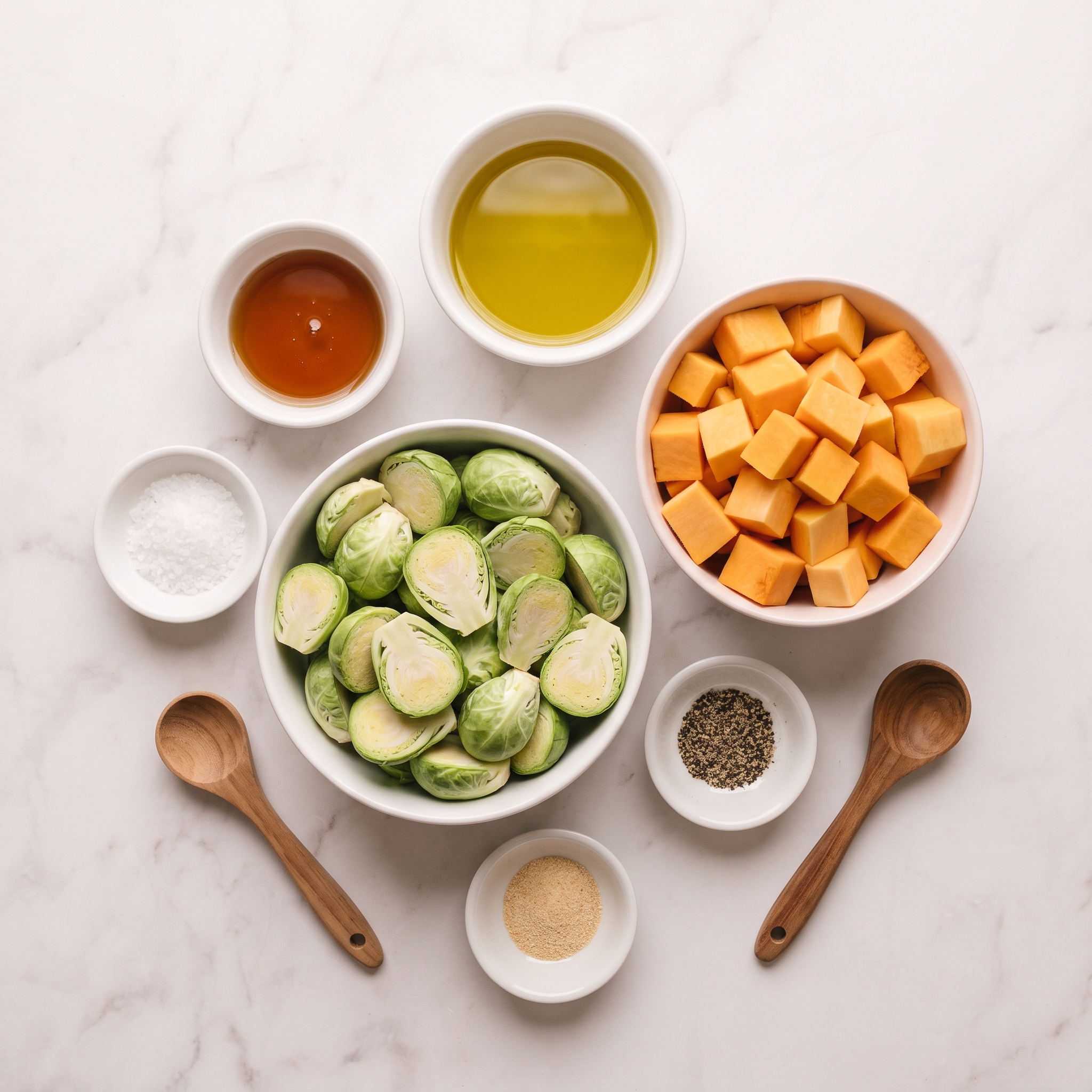 Halved brussels sprouts, cubed butternut squash, olive oil, maple syrup, salt, pepper