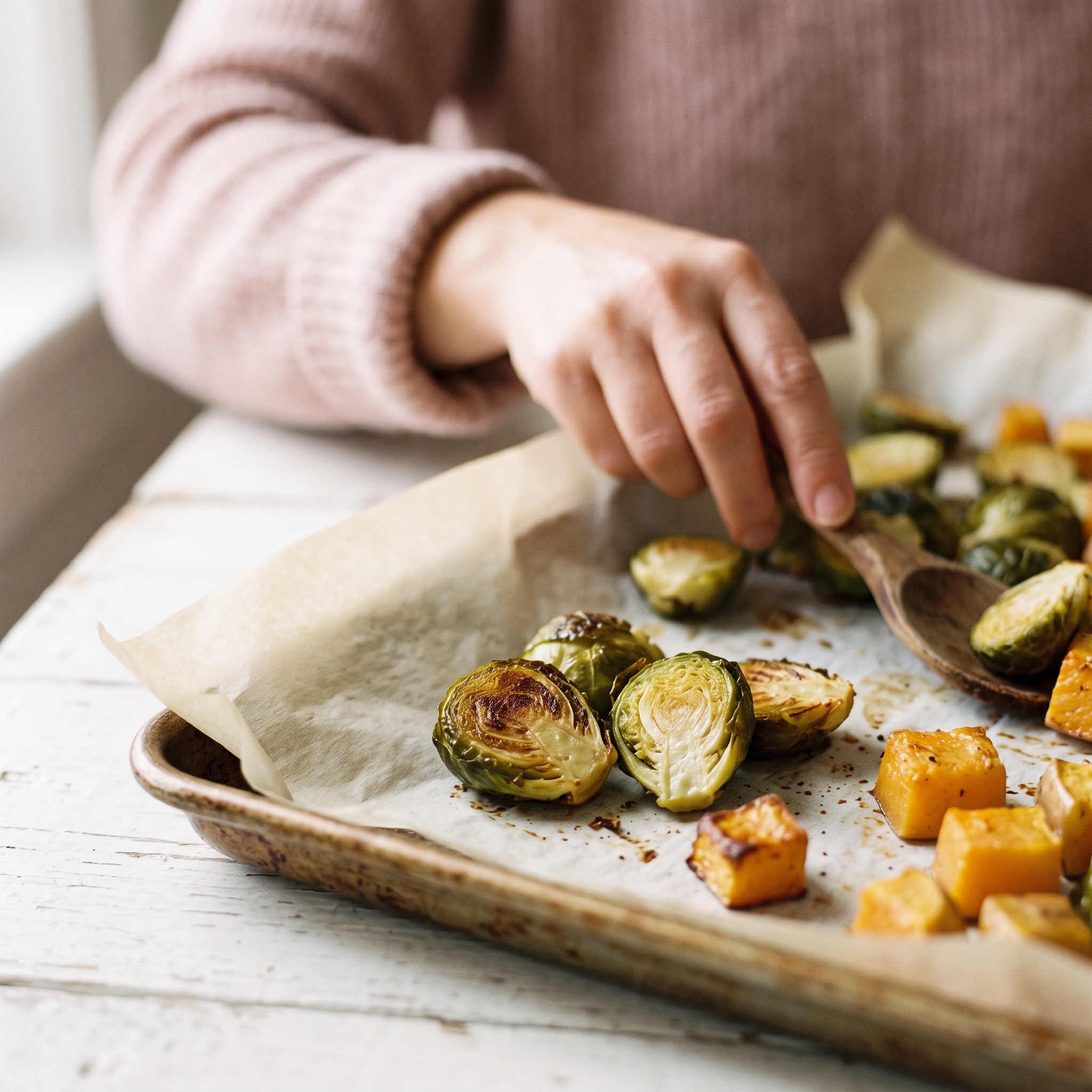 Close-up of roasted brussels sprouts with deep golden-brown caramelized cut-side edges and butternut squash cubes
