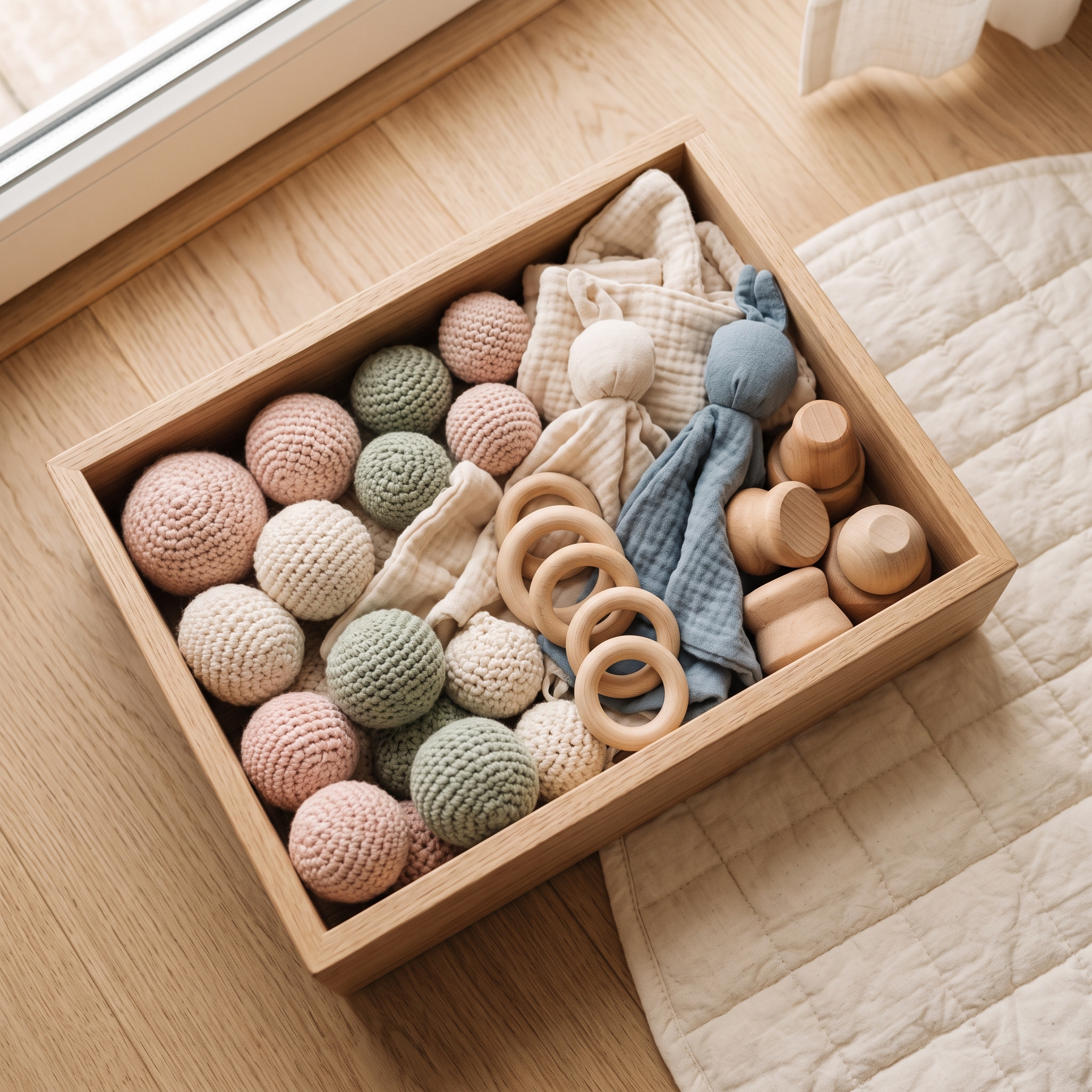 Wooden sensory bin filled with soft colorful balls, crinkle toys, and fabric squares for baby play at birthday party