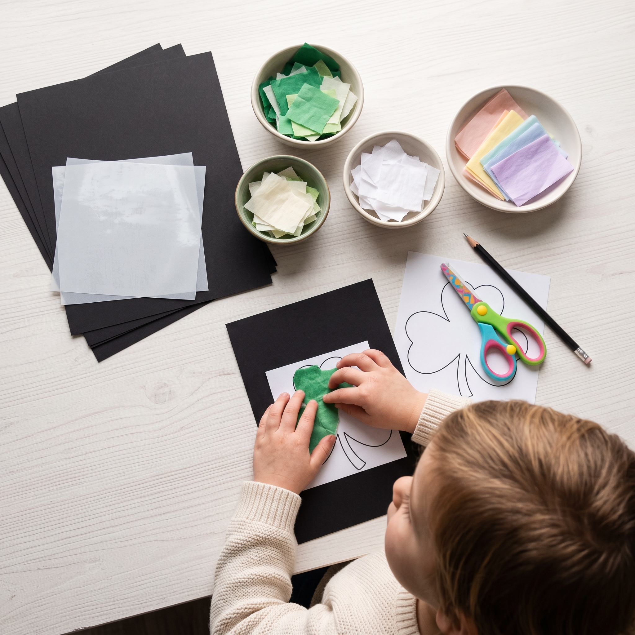 Craft supplies laid out on a table for a shamrock suncatcher, including black cardstock, clear contact paper, tissue paper squares, scissors, and a pencil