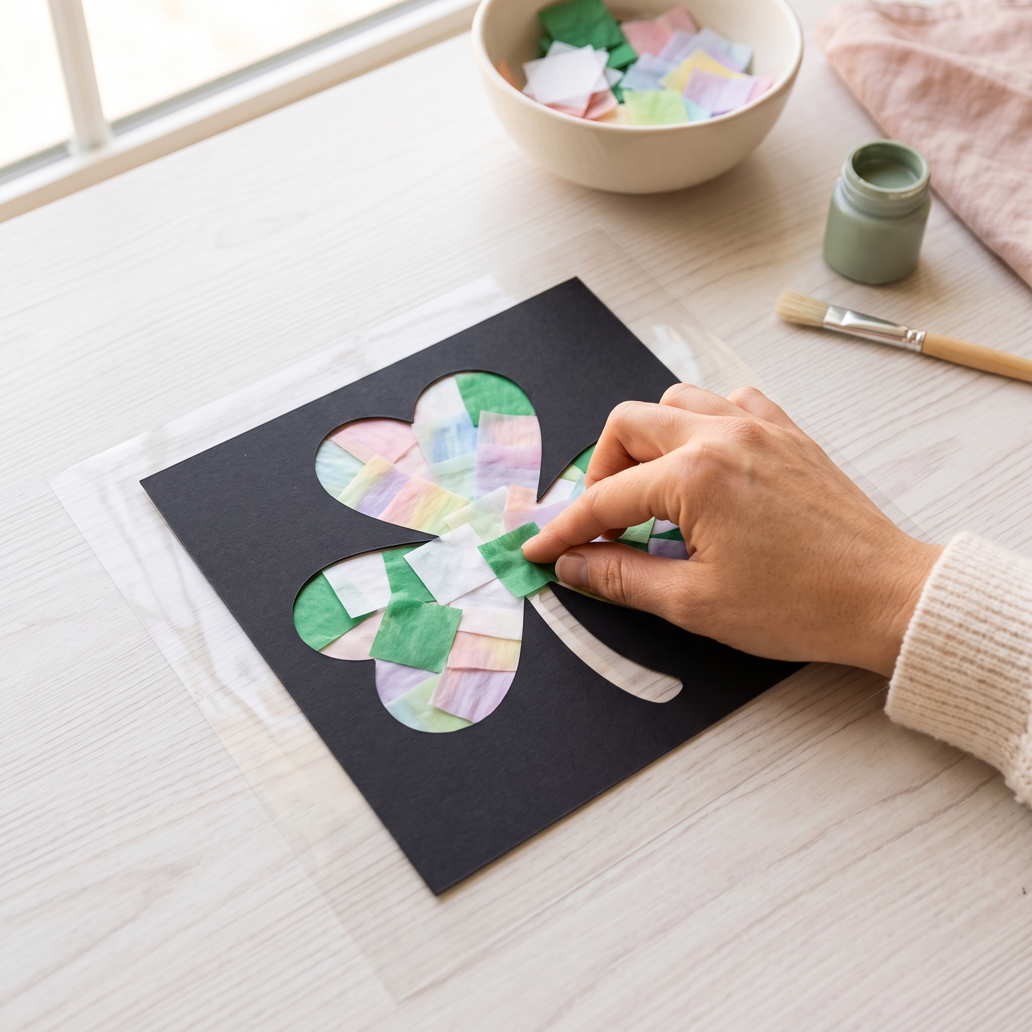 Shamrock cardstock frame with tissue paper pieces being arranged on clear contact paper before sealing