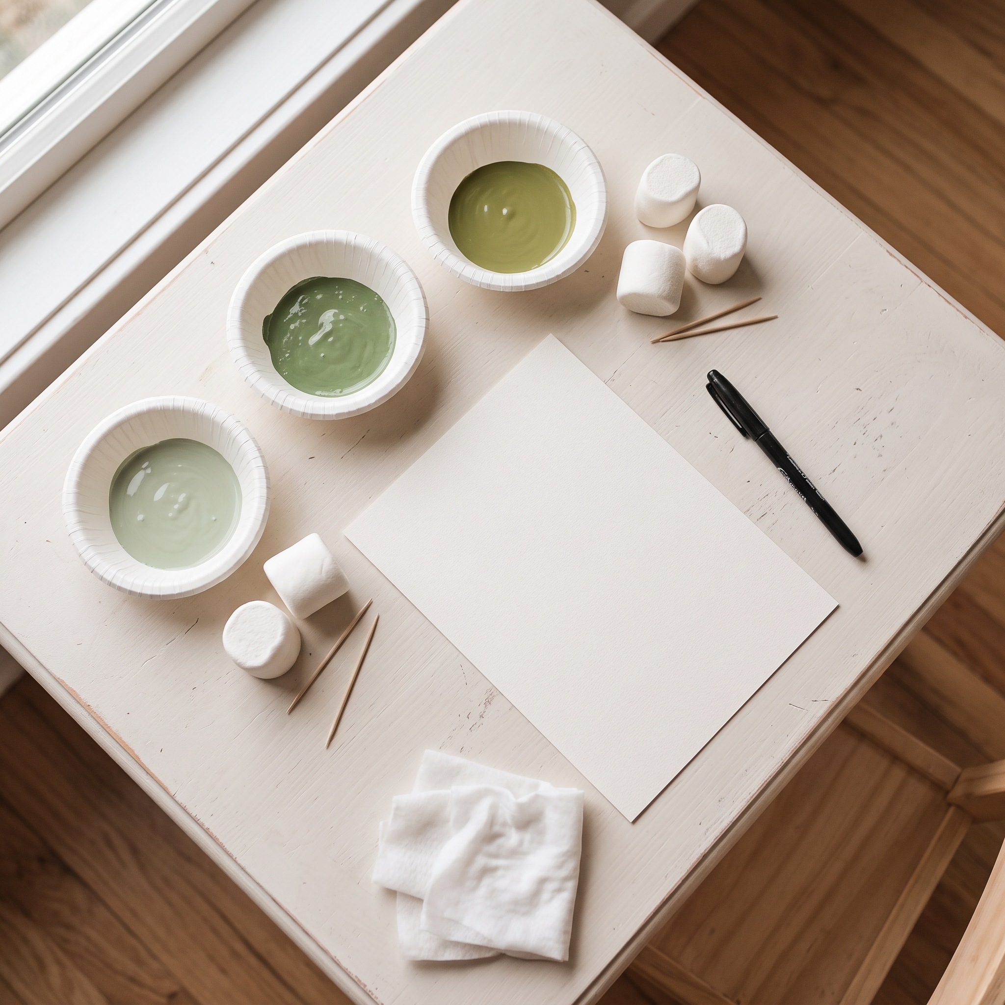 Child's craft workspace with white cardstock, three paint dishes, marshmallows, and markers arranged on a light wooden table