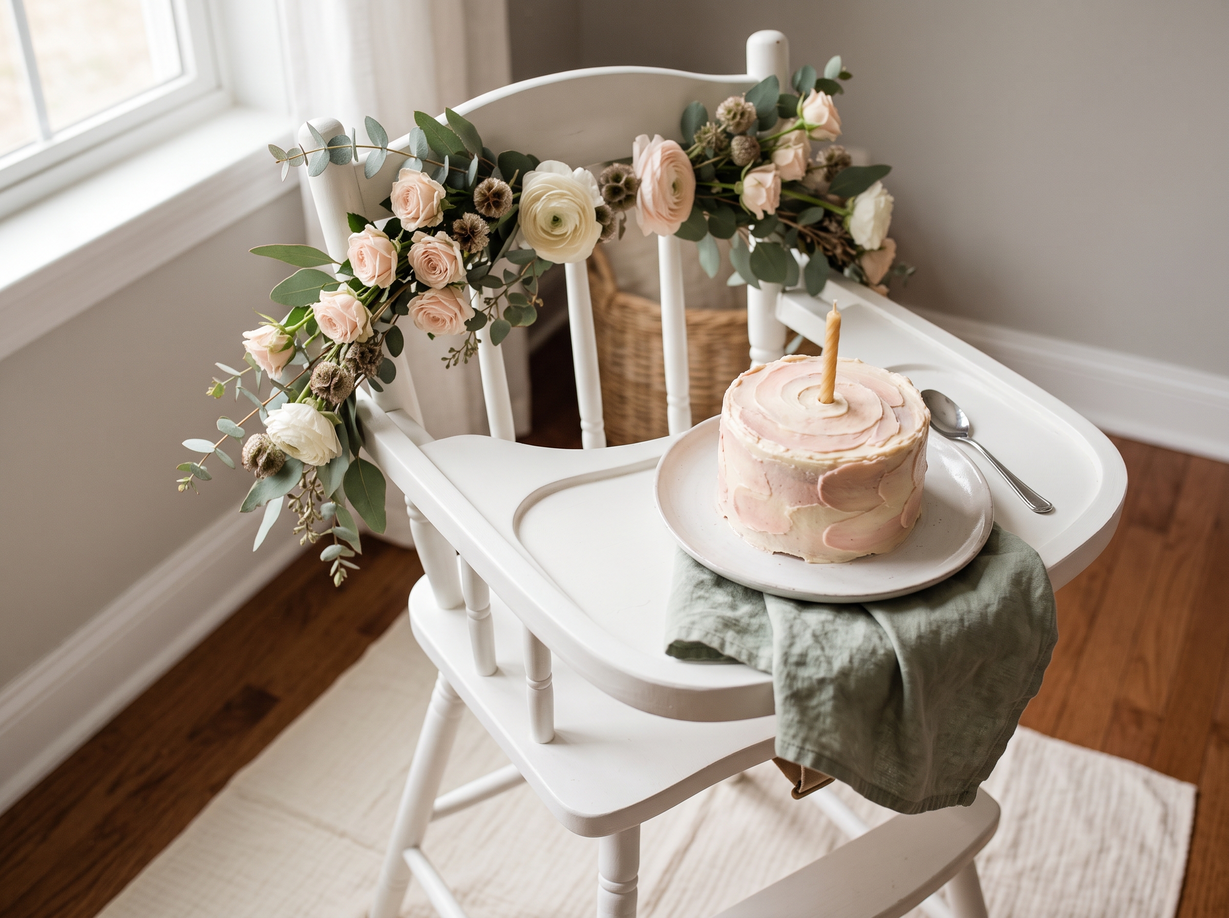 Small frosted smash cake on white plate with splash mat under high chair decorated with floral garland