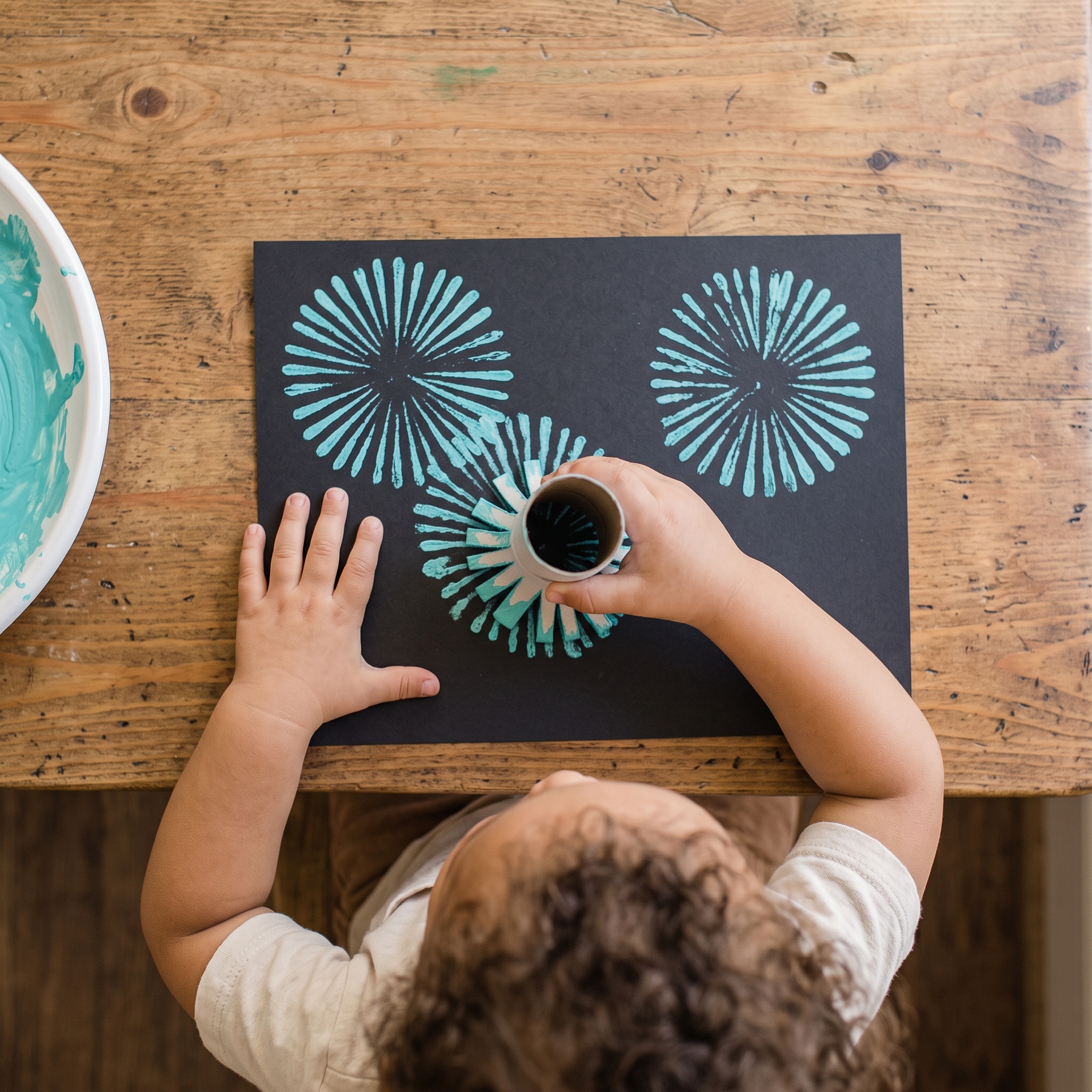 Child's hands pressing a paint-dipped toilet paper roll stamp onto black cardstock to create a firework burst