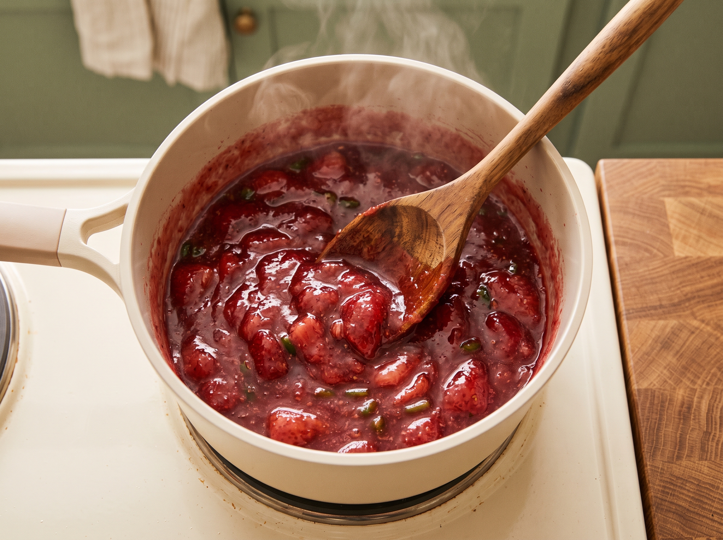 Saucepan on stovetop with glossy red strawberry jalapeño compote simmering, wooden spoon stirring the mixture