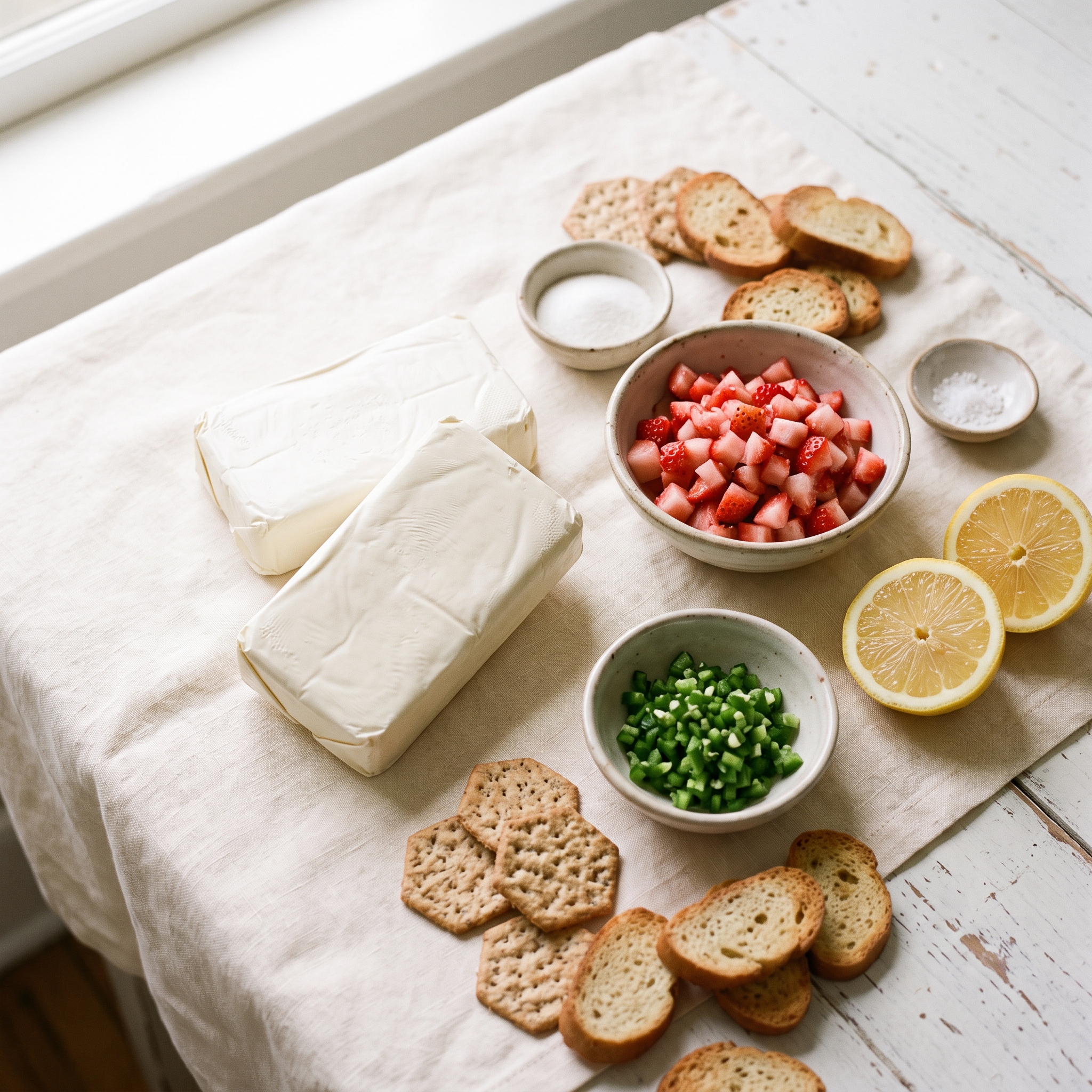 Cream cheese blocks, fresh strawberries, jalapeños, lemon, sugar, salt, and serving crackers arranged on a cream linen