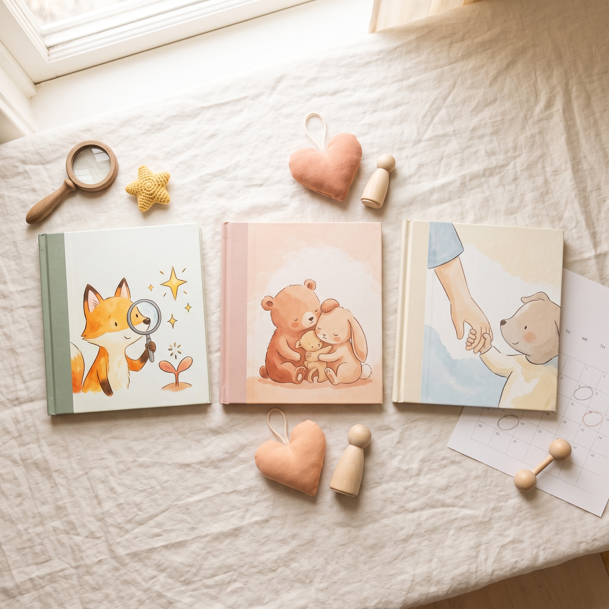 Three picture books arranged in a row representing pregnancy, third trimester
