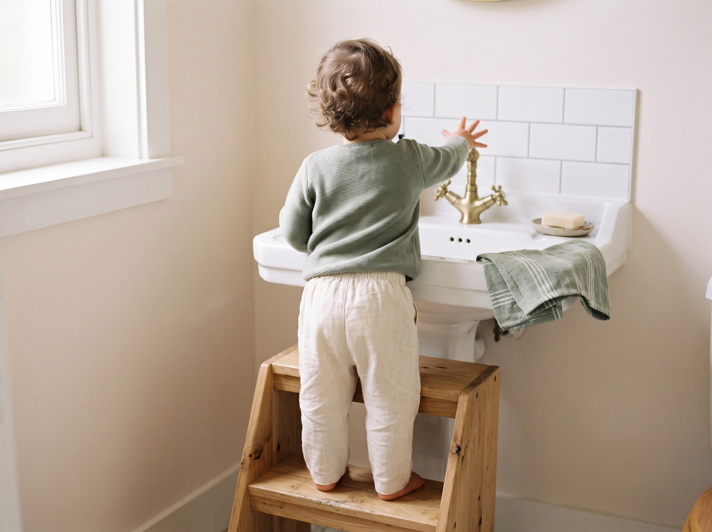 A toddler in soft clothing viewed from behind, reaching toward a low bathroom sink with a step stool nearby
