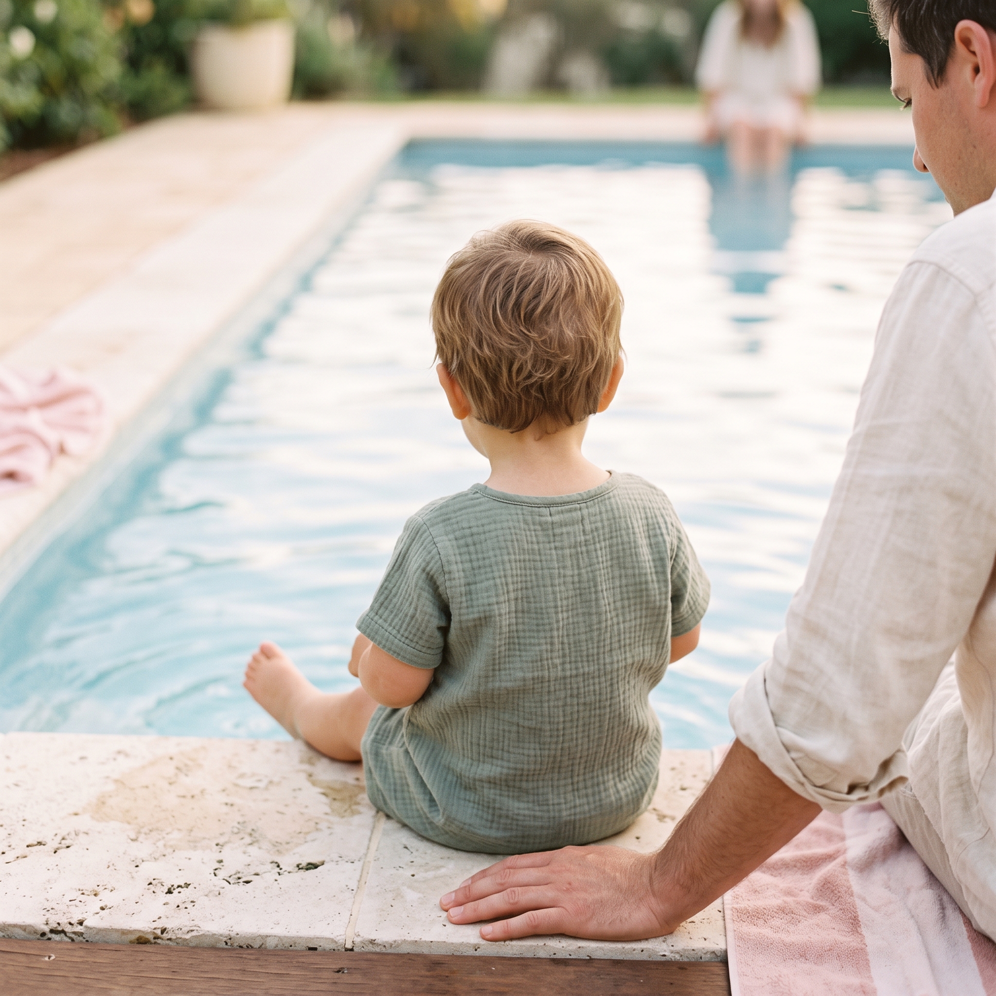Toddler sitting at pool edge preparing to enter water during a swim lesson