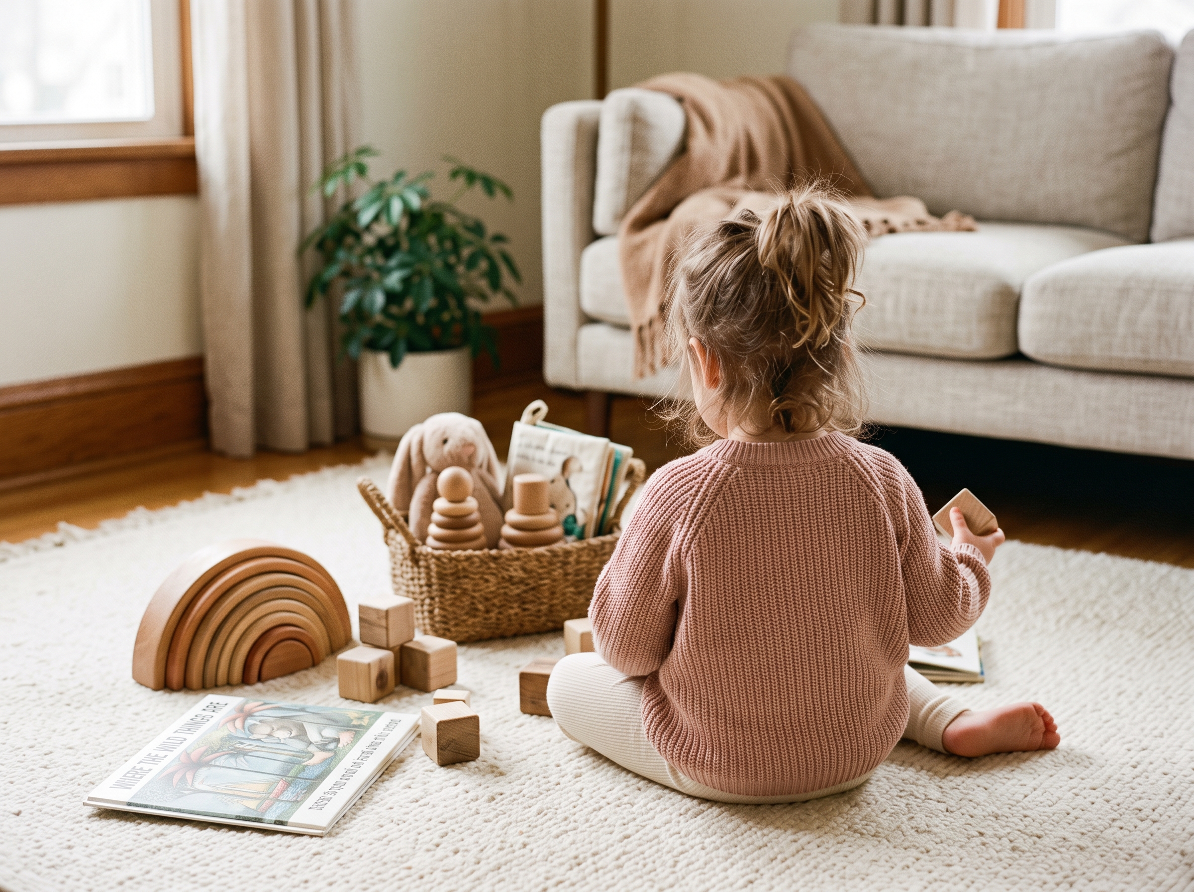 Child's play area with toys and books arranged on soft rug, calm and organized