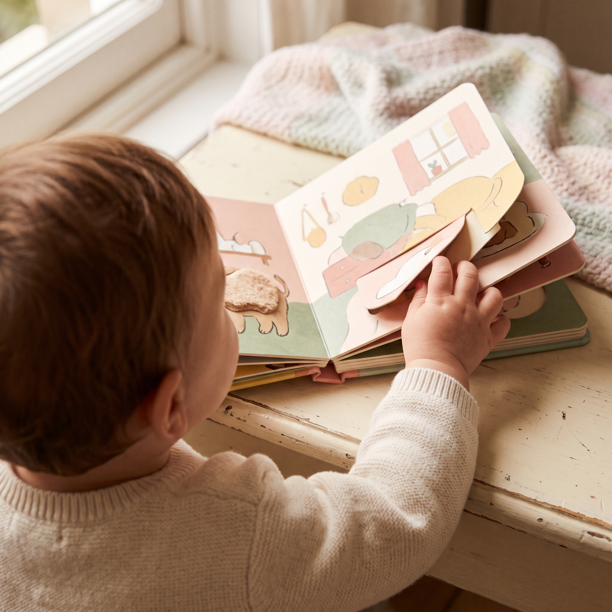 Small child's hands holding open a colorful board book with touch-and-feel elements during story time