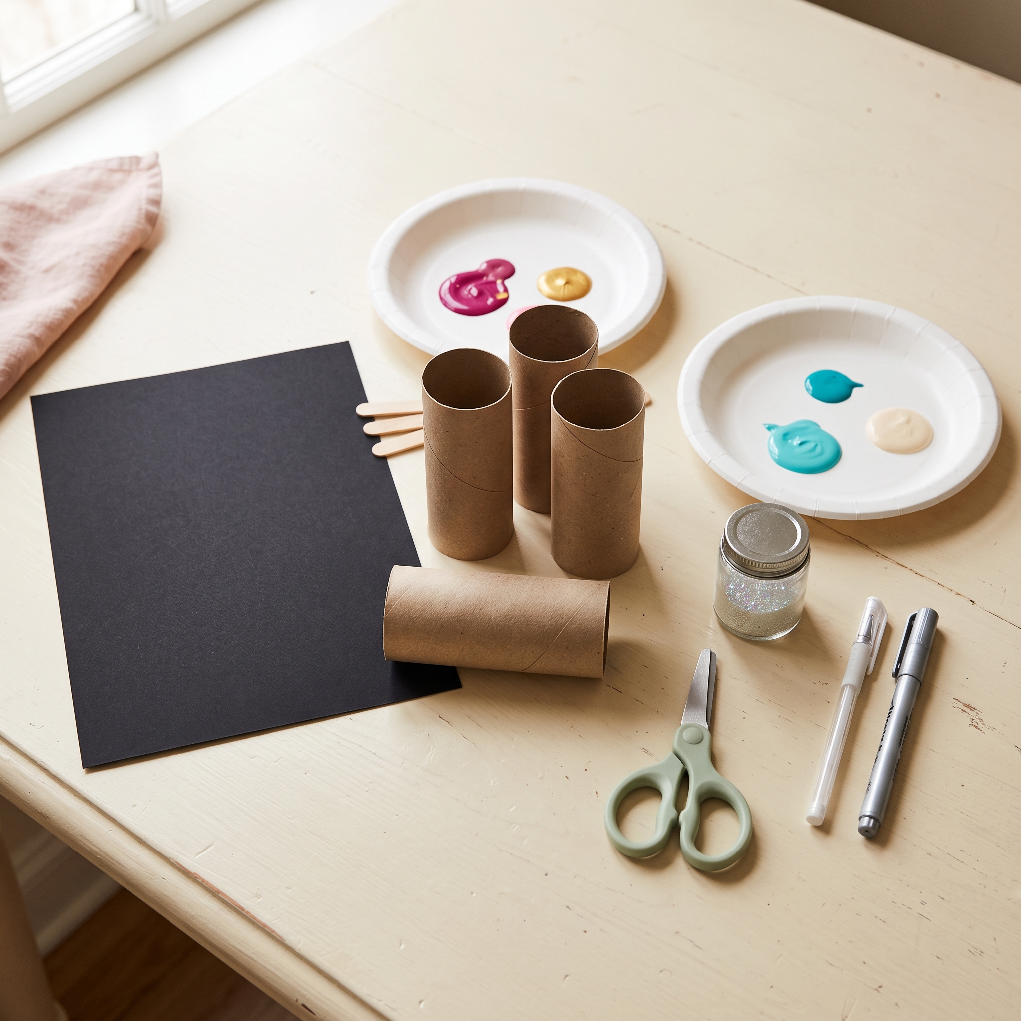 Craft supplies arranged on table: empty toilet paper rolls, black cardstock, paint trays, scissors, glitter, and markers