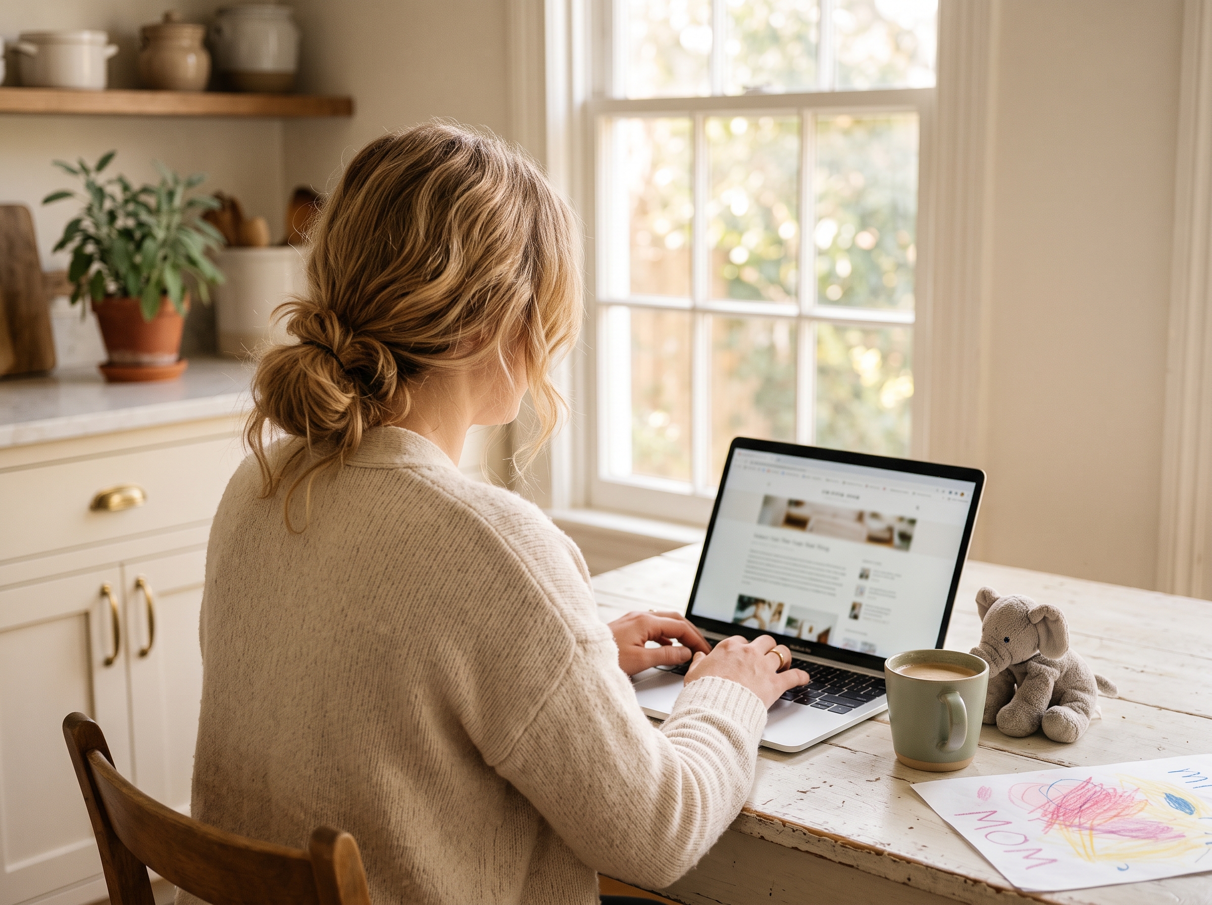Parent at kitchen table with laptop and child's toy nearby, morning light through window