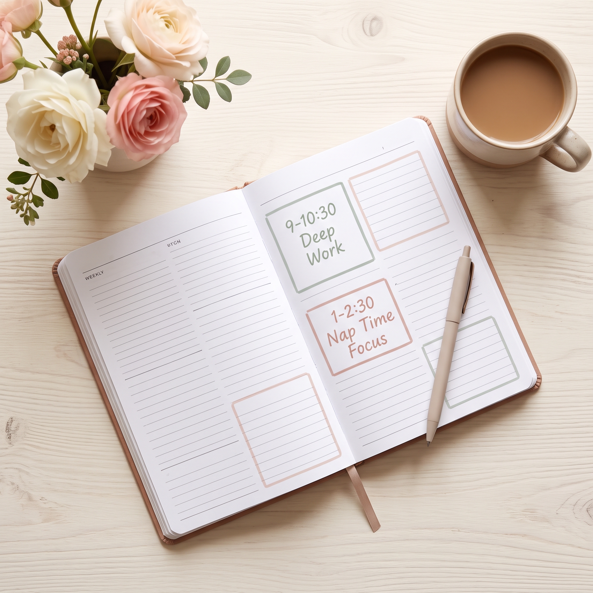 Open planner with time blocks, coffee mug, and soft natural light on cream desk