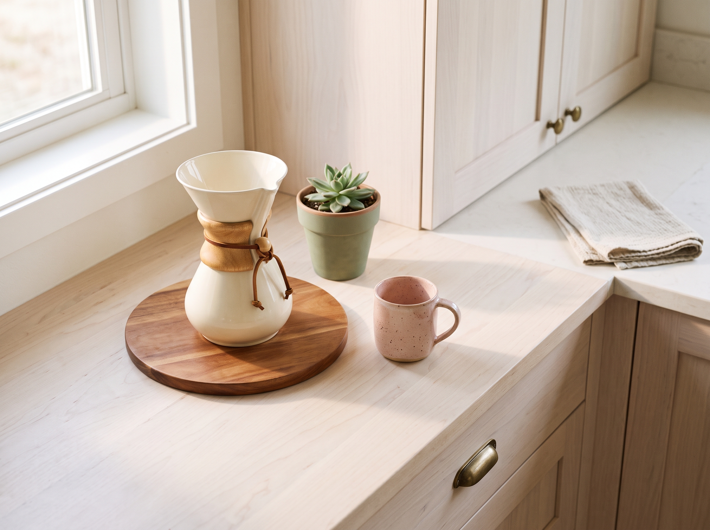 Uncluttered kitchen counter with coffee maker, small plant, and soft morning light streaming through window