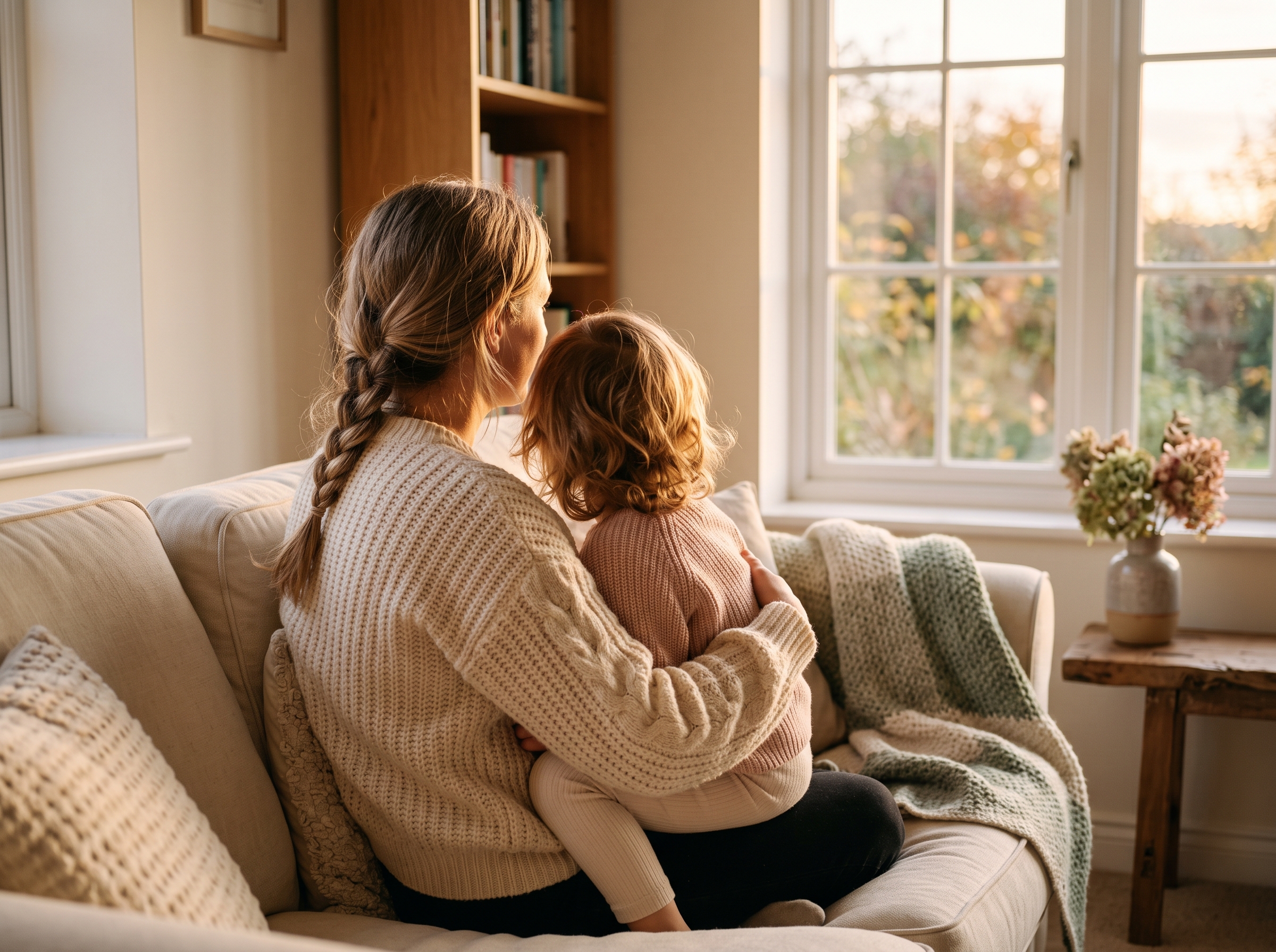 Adult and child from behind sitting together on couch in soft evening light, no devices visible, calm moment