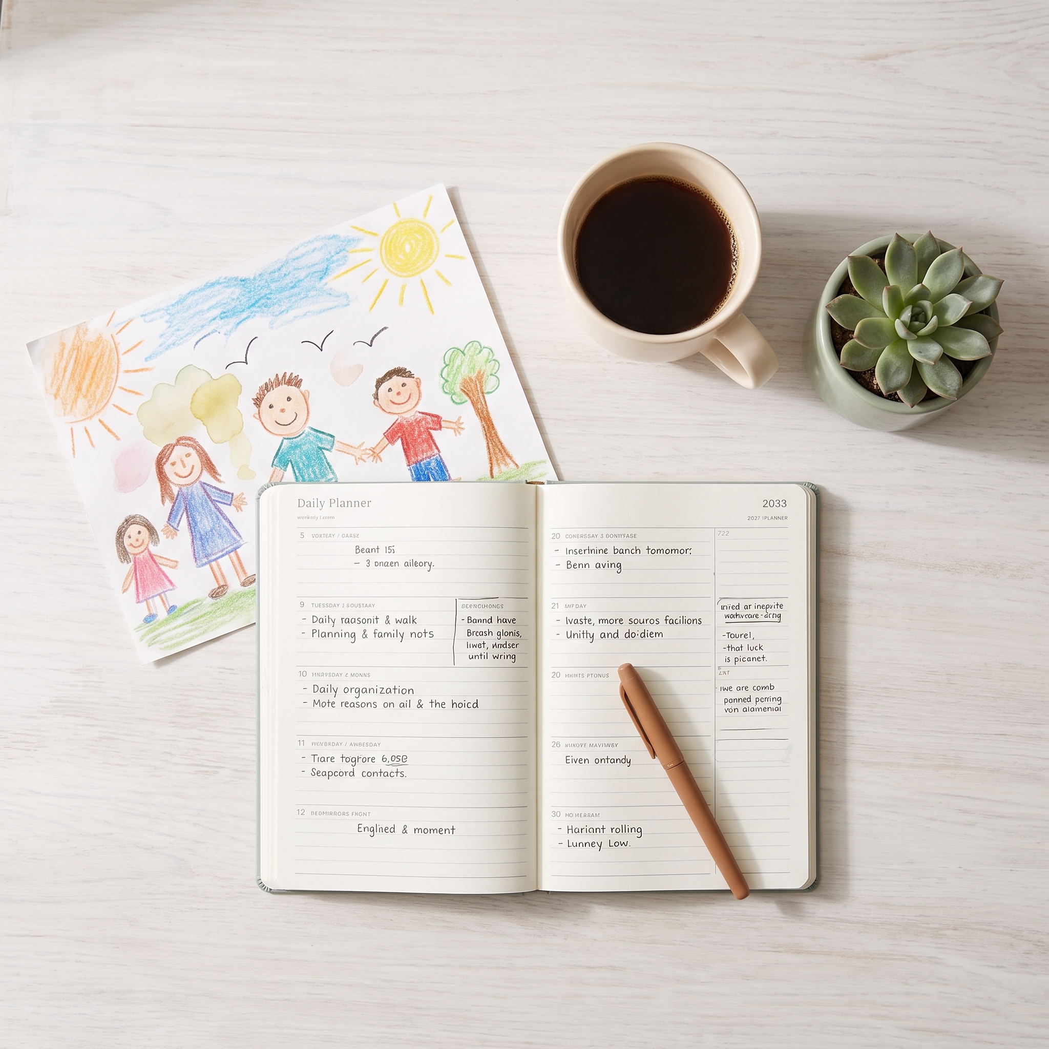 Flat lay of planner, coffee mug, kids' artwork, and pen on soft wood kitchen table with natural window light