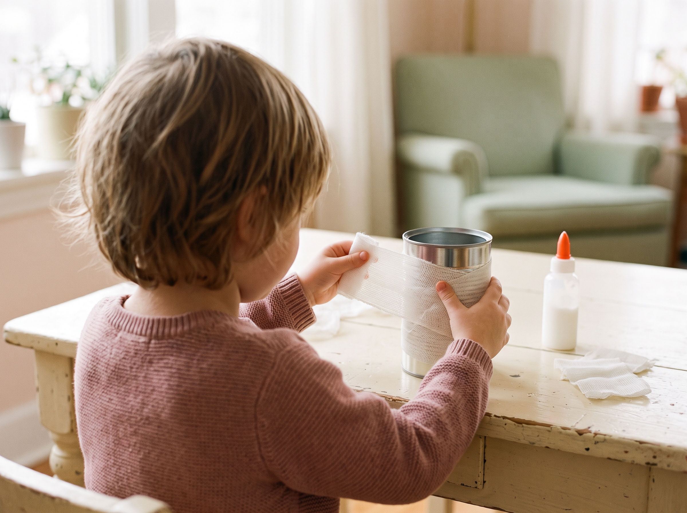 Child's hands wrapping white gauze strips diagonally around a tin can, craft glue visible on rim